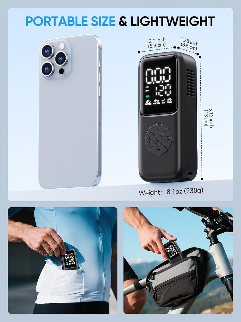 GPUTEK Mini Electric Bike Pump,120 PSI Bike Pump Portable with Guage Auto Stop, Bicycle Pump with Presta and Schrader, Bike Tire Pump Valve for Road Bicycle, Mountain Bike, E-Bike,Sports Ball - Image 2